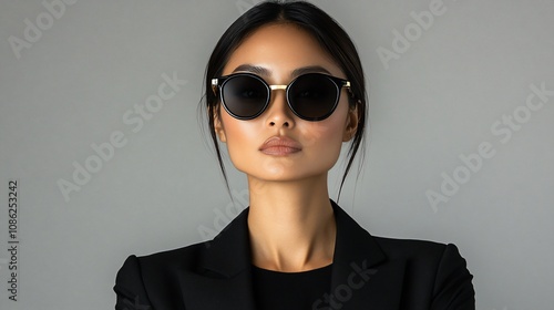 Confident Asian woman in black blazer and sunglasses.