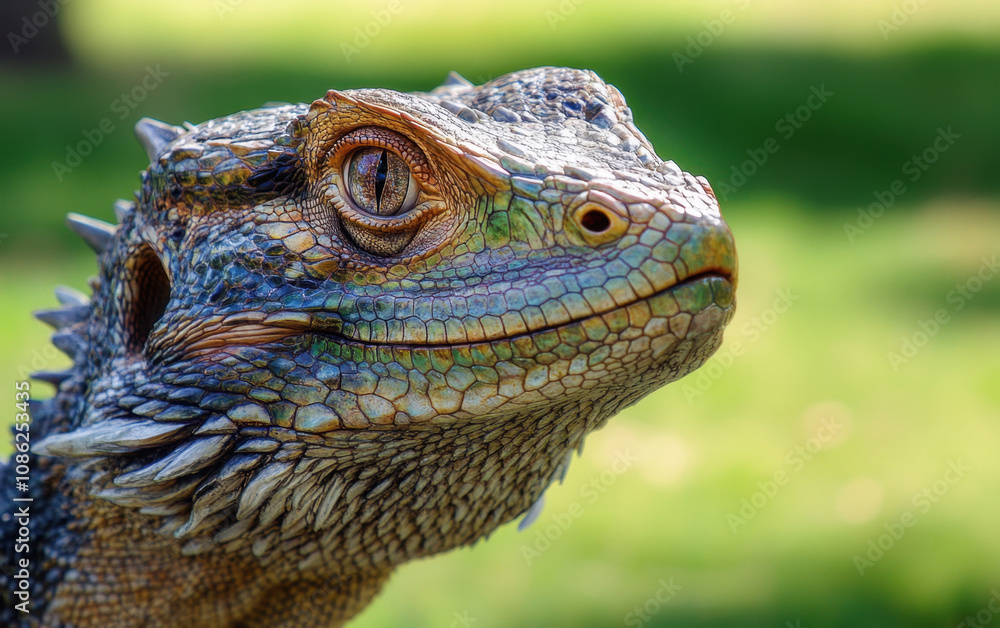 Fototapeta premium Lizard with vibrant scales and intricate textures, showcasing its unique features in natural setting. sunlight highlights its colorful skin, creating captivating image