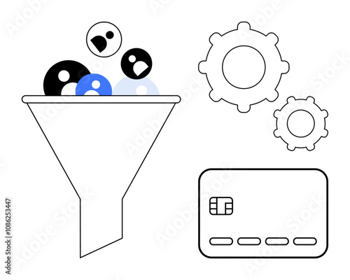 Funnels user avatars, payment card, and gears illustrating processes and transactions. Ideal for marketing, sales, e-commerce, data analysis, automation customer journey online payments. Line