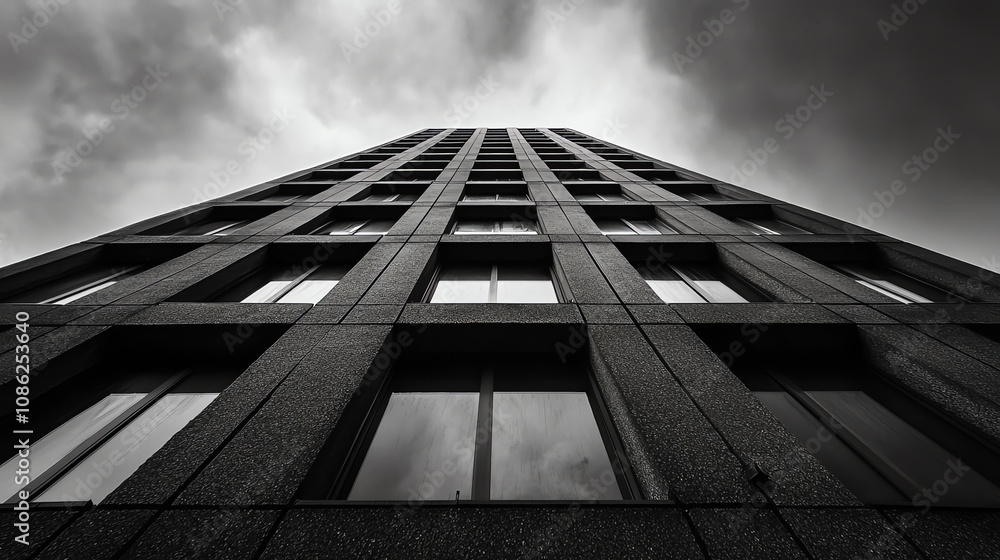 Modern office building with angled windows reaching towards a dramatic sky in an urban setting Modern office building with angled windows reaching towards a dramatic sky in an urban setting