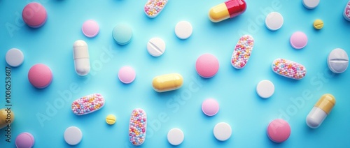 Colorful Pills and Tablets on a Blue Background photo