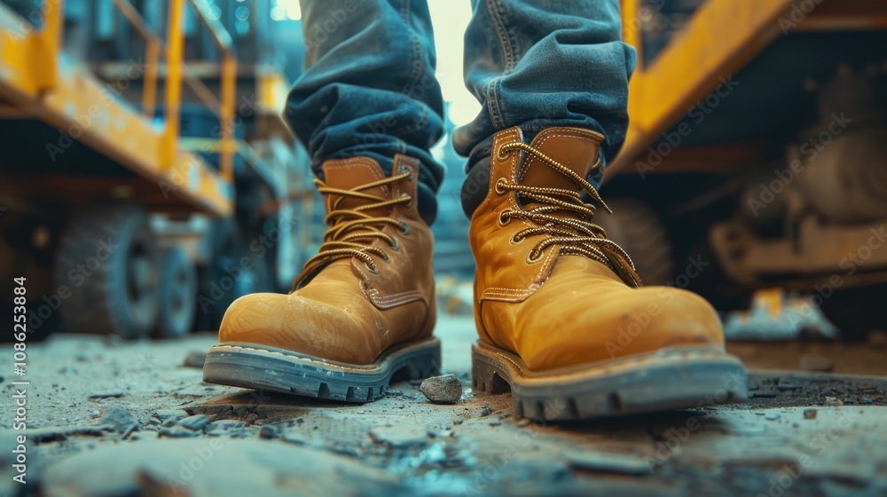 Worker wearing work safety Shoes for accident protection at construction site, AI generated image Worker wearing work safety Shoes for accident protection at construction site, AI generated image