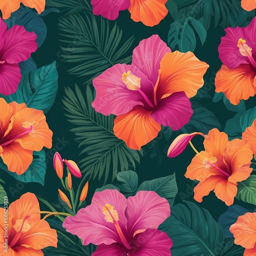 Wallpaper Mural Vibrant Tropical Wallpaper with Oversized Hibiscus and Orchids in Magenta, Orange, and Green on Emerald Backdrop Torontodigital.ca