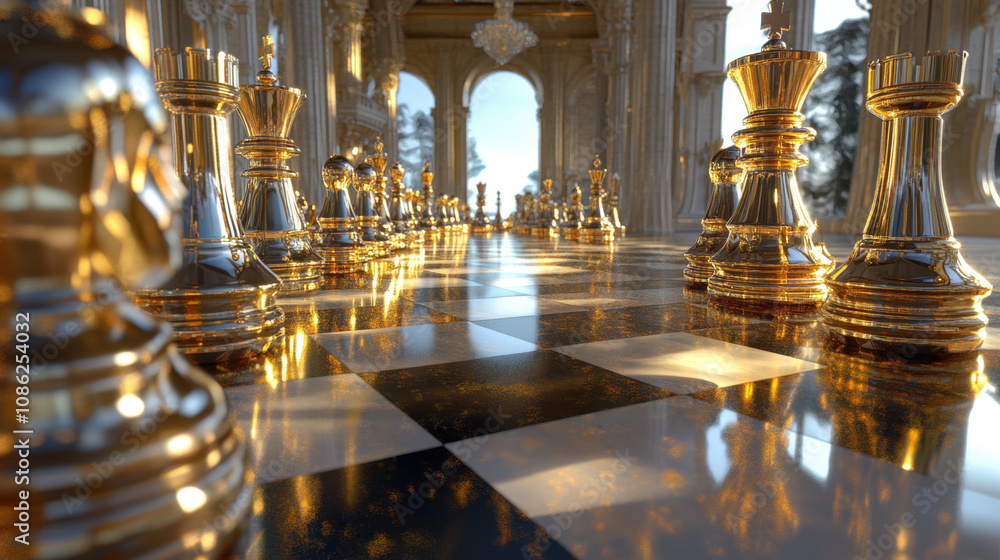 Fototapeta premium full chess game displayed in beautiful, clean golden setting, showcasing intricate details and reflections on polished surface. atmosphere is elegant and captivating