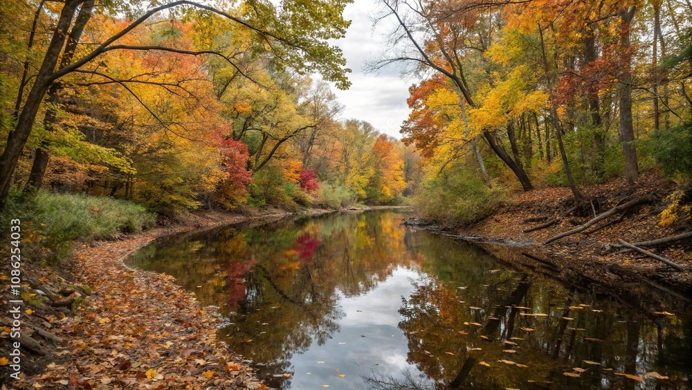 Reflective creek waters with fallen leaves and tree branches in autumn hue, water reflections, tranquility, autumn colors, foliage Reflective creek waters with fallen leaves and tree branches in autumn hue, water reflections, tranquility, autumn colors, foliage