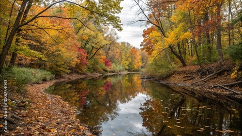 Reflective creek waters with fallen leaves and tree branches in autumn hue, water reflections, tranquility, autumn colors, foliage