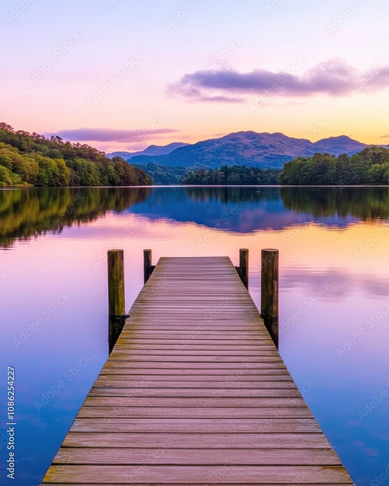 A tranquil wooden dock extends into a calm lake, reflecting the vibrant colors of dawn, surrounded by lush green hills and distant mountains under a soft, pastel sky. A tranquil wooden dock extends into a calm lake, reflecting the vibrant colors of dawn, surrounded by lush green hills and distant mountains under a soft, pastel sky.
