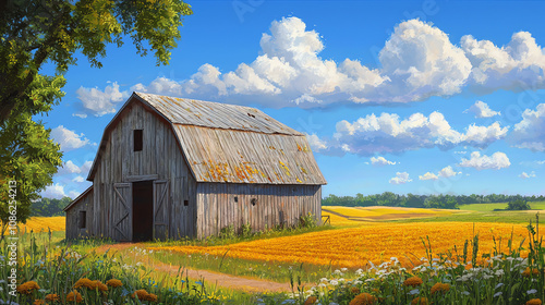 Old barn with a slightly drooping roof surrounded by golden fields and bright blue skies on a sunny day in rural countryside