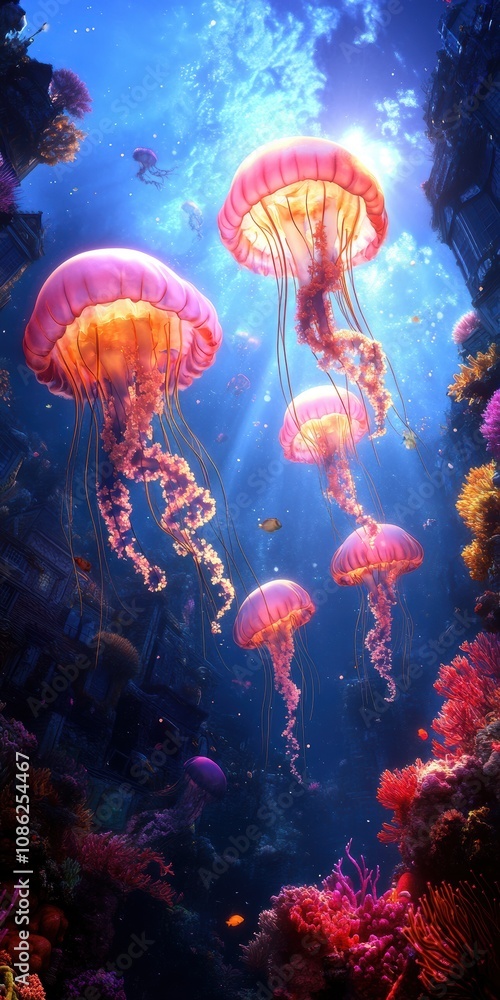 Naklejka premium Explore a vibrant underwater scene where luminous jellyfish glide gracefully among colorful corals, illuminating the depths of the ocean with their ethereal beauty and tranquil movements.
