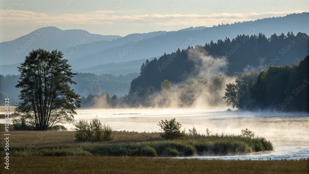 Shimmering mist rising from a serene landscape, serene, shimmering Shimmering mist rising from a serene landscape, serene, shimmering