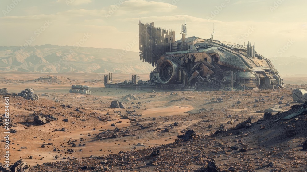 Fototapeta premium Illustrate a post-apocalyptic arena where human survivors interact with advanced AI constructs amidst the rubble of a once-great civilization Experiment with unexpected camera angl
