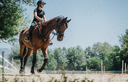 Equestrian riding a brown horse on a sunny day at an outdoor horse track, showcasing horsemanship skills and outdoor horseback riding.