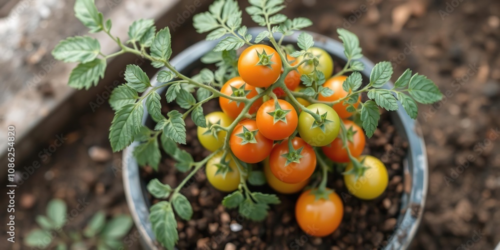 Small potted tomato plant with numerous small green and red tomatoes surrounded by soil and fertilizer, edible flowers, homegrown produce, fertilizer application Small potted tomato plant with numerous small green and red tomatoes surrounded by soil and fertilizer, edible flowers, homegrown produce, fertilizer application