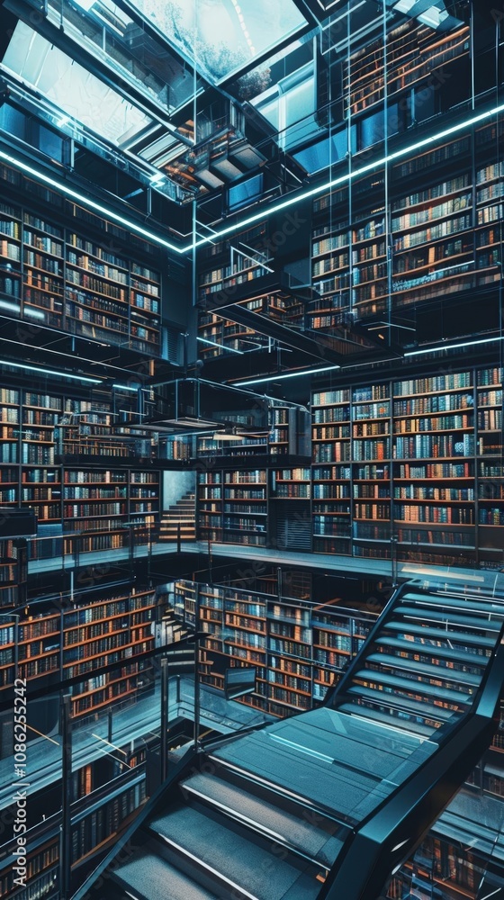Illustrate a virtual library housing digital books that morph into sonnets when opened Opt for an extreme top-down angle Illustrate a virtual library housing digital books that morph into sonnets when opened Opt for an extreme top-down angle