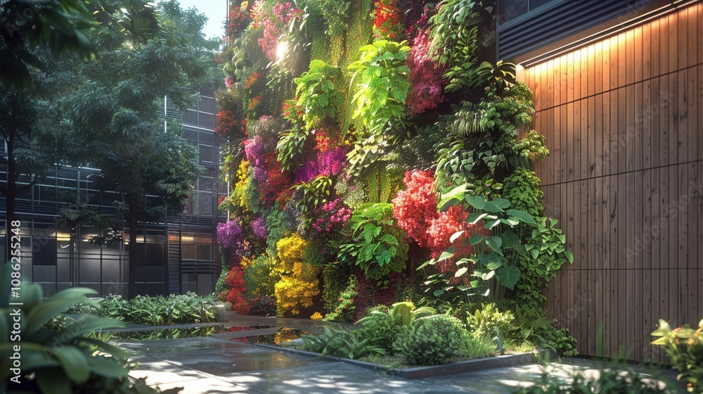 Fototapeta premium Illustrate a vertical garden installation on a city building, showcasing a mix of vibrant plant species climbing upwards Painting style