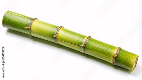 A single piece of smooth bamboo with greenish-yellow tones displayed on a white background.   photo