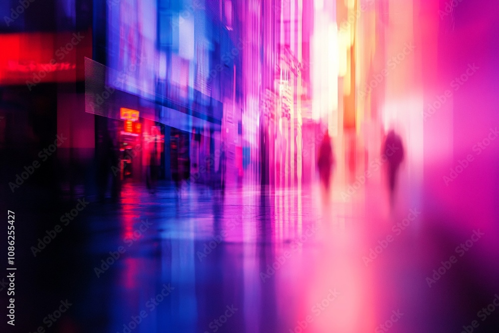 Obraz premium Abstract Urban Scene with Colorful Blurs and Silhouettes