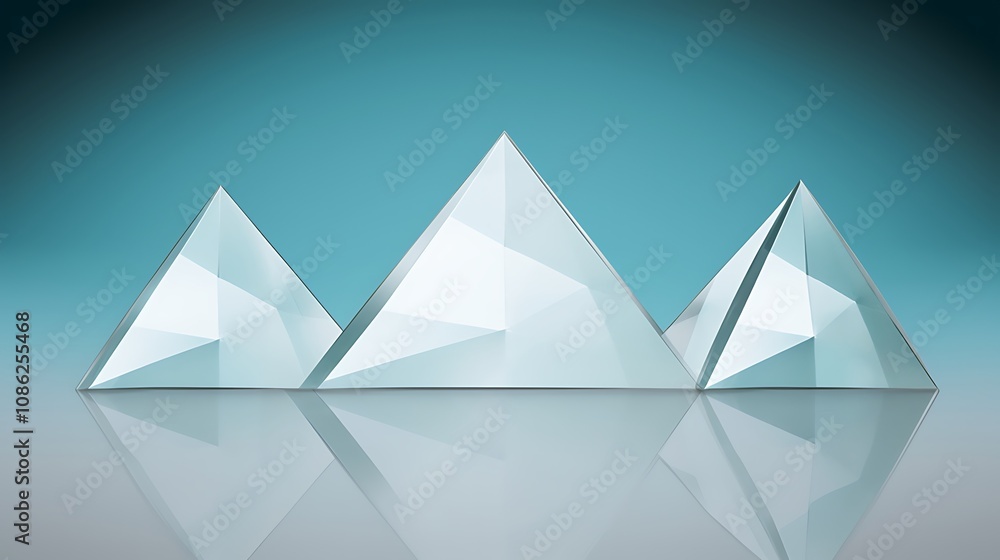 Three Glass Pyramids Reflecting On A Surface Three Glass Pyramids Reflecting On A Surface