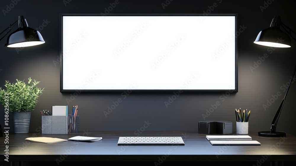 Modern Stylish Workspace Mockup with Frame Above Desk Modern Stylish Workspace Mockup with Frame Above Desk