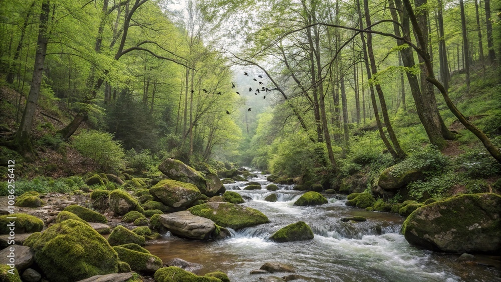 The soft chirping of birds fills the air as water flows over smooth rocks in a tranquil spring forest, spring, river, outdoors, forest, nature The soft chirping of birds fills the air as water flows over smooth rocks in a tranquil spring forest, spring, river, outdoors, forest, nature