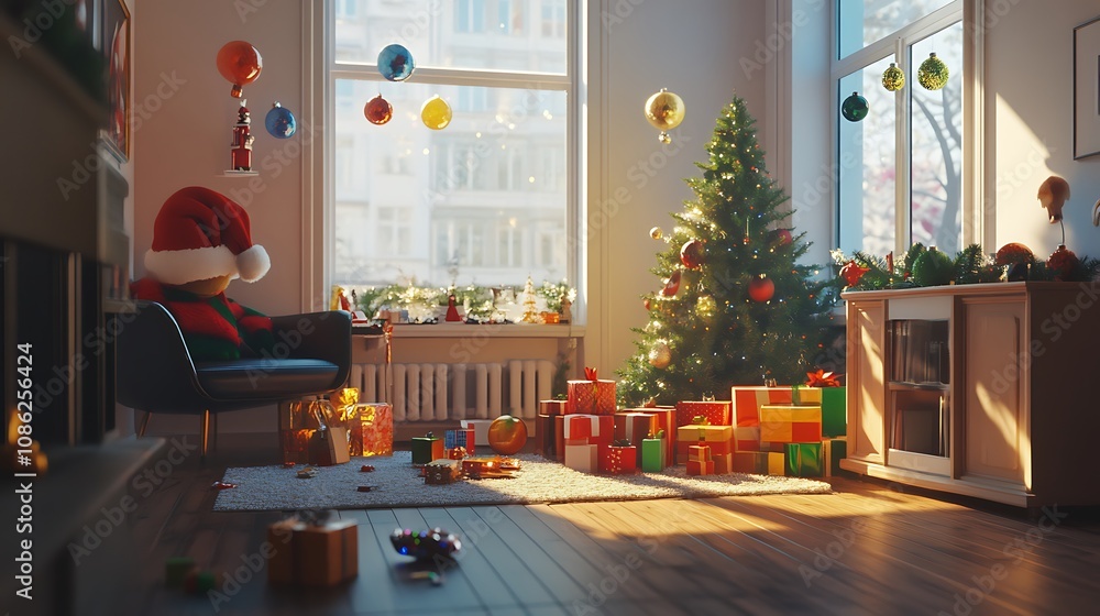 Christmas morning living room scene Christmas morning living room scene