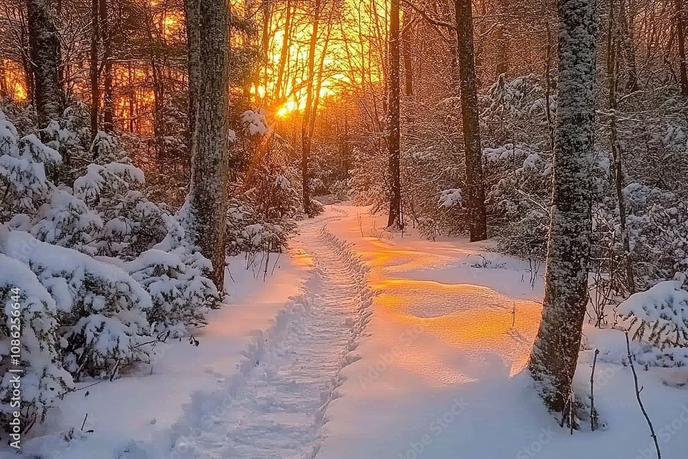 A snow-covered path winds through a winter forest, with the sun setting behind the trees. A snow-covered path winds through a winter forest, with the sun setting behind the trees.