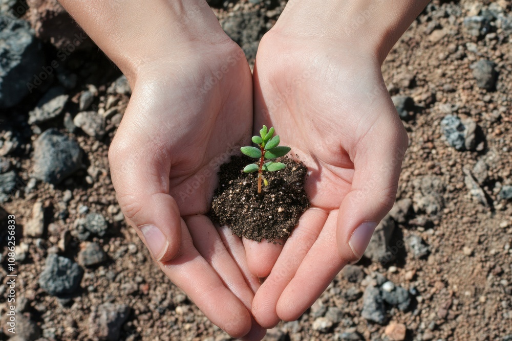Hands cradling a small seedling with soil, symbolizing care for nature and commitment to planting trees on a sunny day. Generative AI Hands cradling a small seedling with soil, symbolizing care for nature and commitment to planting trees on a sunny day. Generative AI