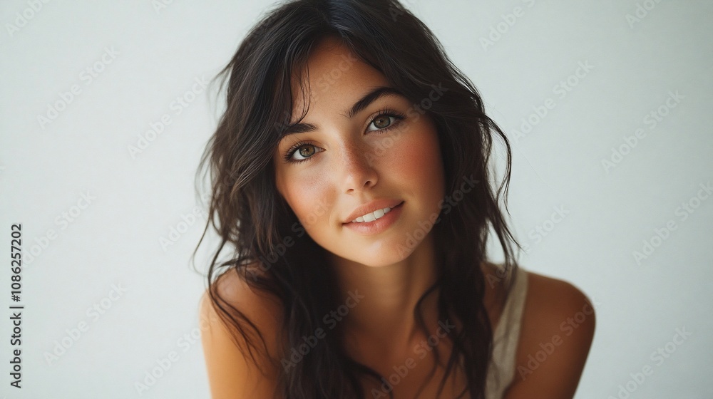 Close-up portrait of a young woman with long, wavy brunette hair and a subtle smile, wearing a simple off-white tank top against a light background. Close-up portrait of a young woman with long, wavy brunette hair and a subtle smile, wearing a simple off-white tank top against a light background.