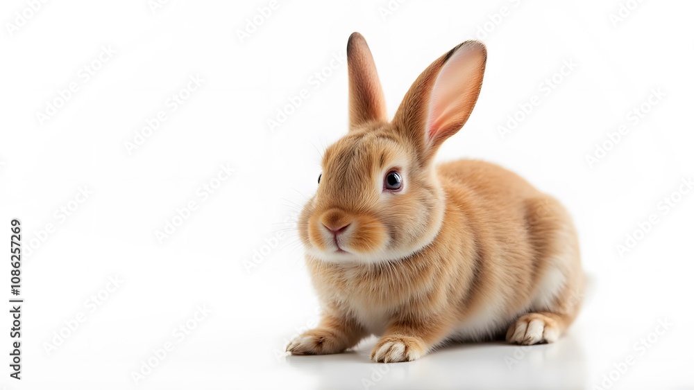 Close-up of a small brown rabbit sitting on a white background, showcasing its innocence. Close-up of a small brown rabbit sitting on a white background, showcasing its innocence.