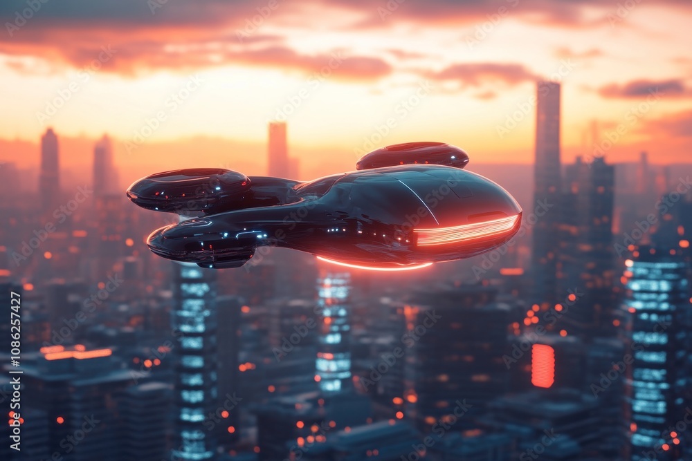 Flying Car Over Futuristic City Flying Car Over Futuristic City