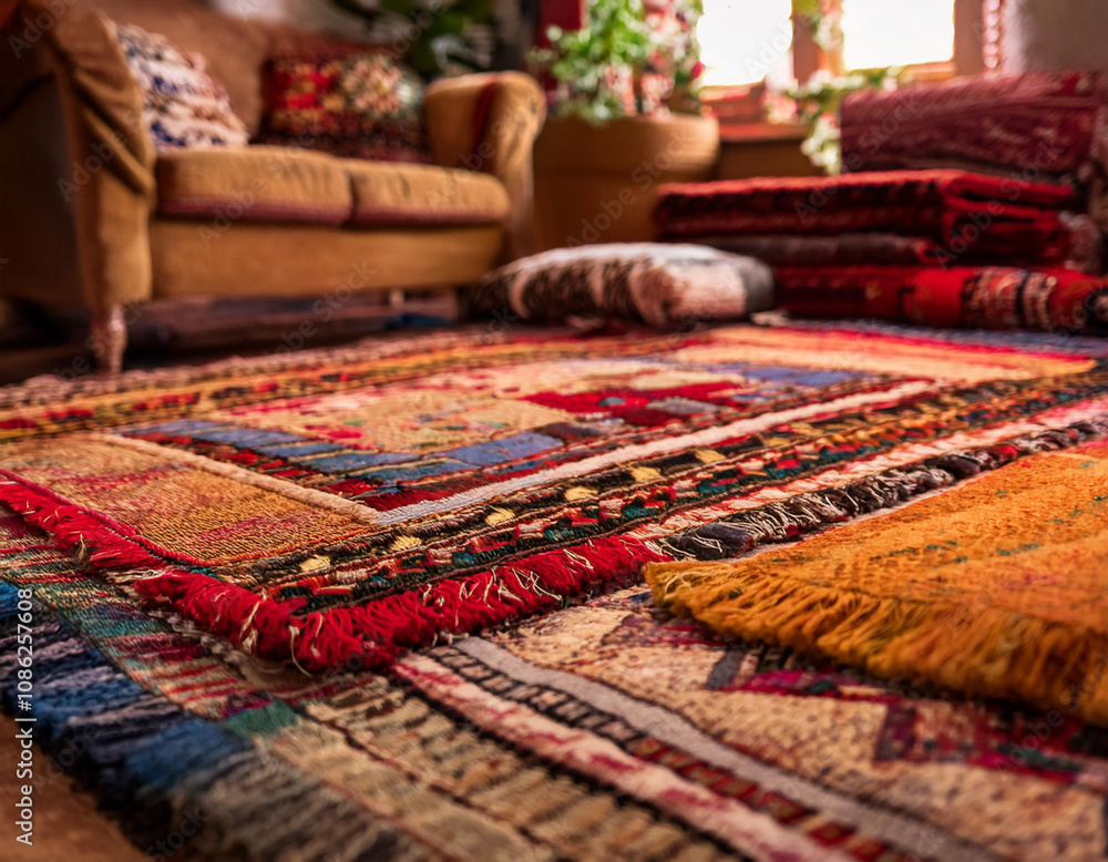 Close-Up of a Woven Rug with Intricate Patterns and Rich Textures Close-Up of a Woven Rug with Intricate Patterns and Rich Textures