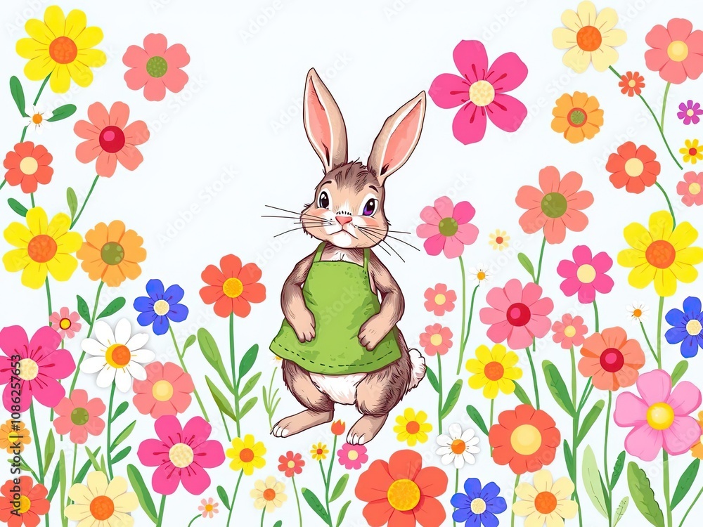 Whimsical illustration of a bunny wearing a green apron amidst a patchwork of colorful flowers on a light blue background, whimsical design, knitted sweater Whimsical illustration of a bunny wearing a green apron amidst a patchwork of colorful flowers on a light blue background, whimsical design, knitted sweater