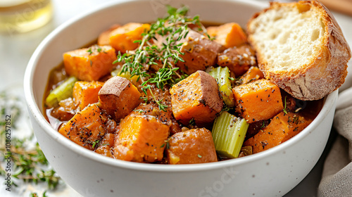 A bowl of autumn vegetable stew with sweet potatoes, carrots, and celery, topped with a sprinkle of fresh thyme and served with a slice of buttered bread.