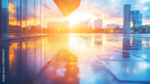 Serene Sunlight Reflections on Wet Pavement at Sunset