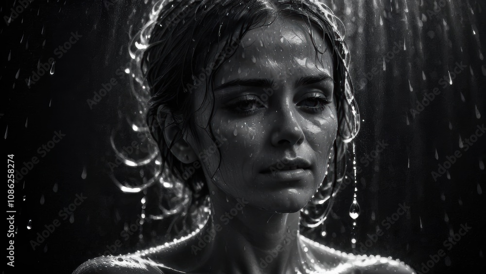 Emotional black and white portrait of a woman under falling rain. Emotional black and white portrait of a woman under falling rain.