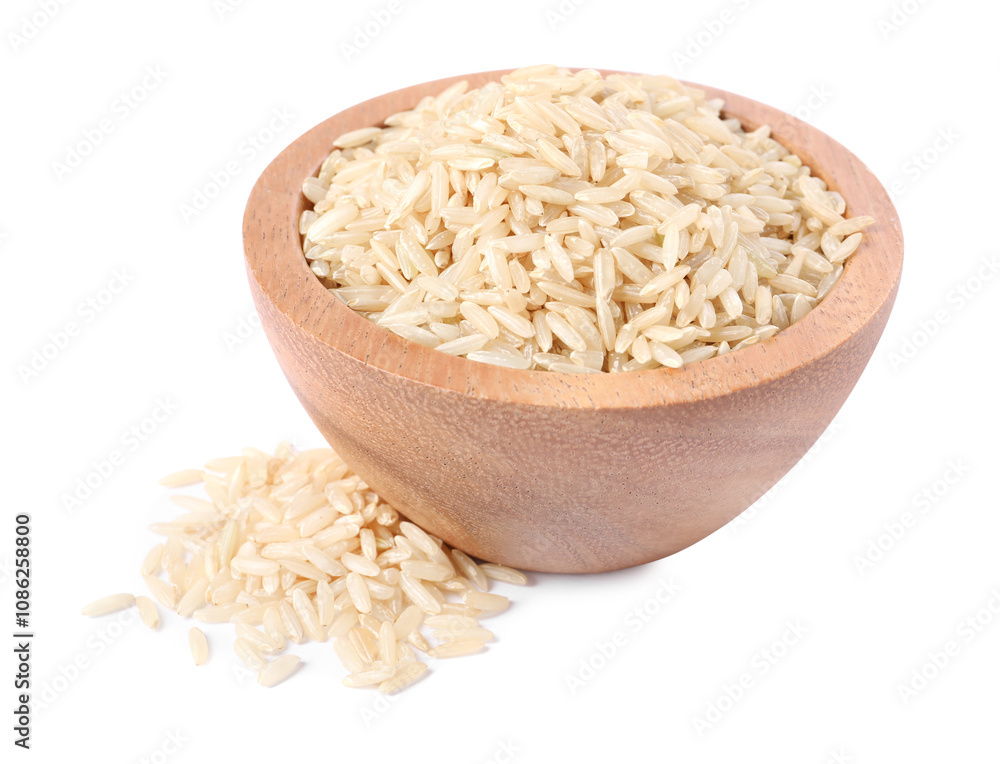 Raw rice in bowl isolated on white Raw rice in bowl isolated on white