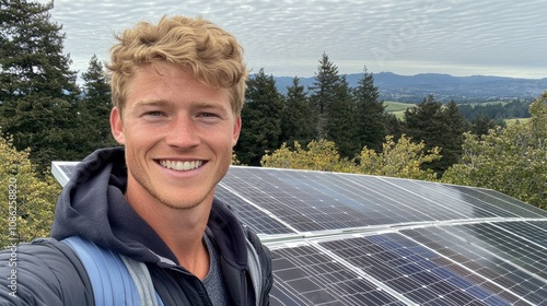 Technician Connecting Wires to Solar Panel System photo