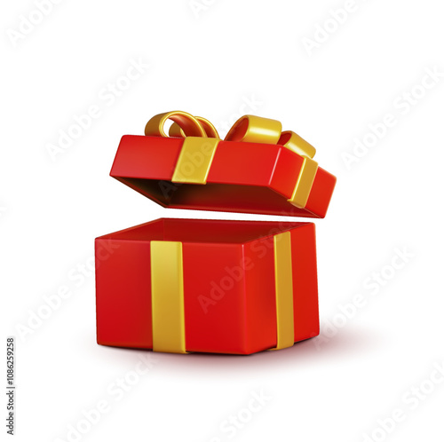 3d opened red gift box with golden ribbons, isolated on white background. 3d opened gift box vector icon. Vector illustration