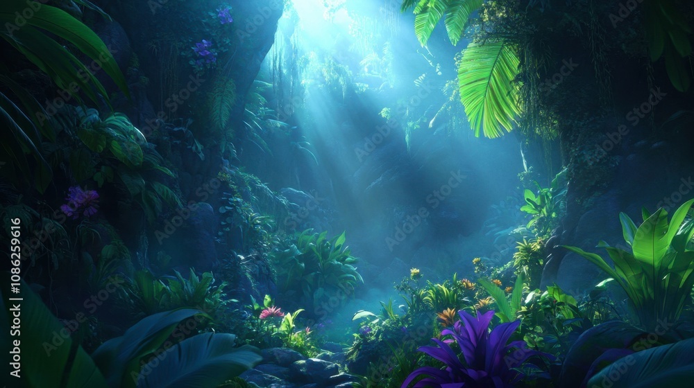 Fototapeta premium Lush Tropical Rainforest with Dense Green Foliage