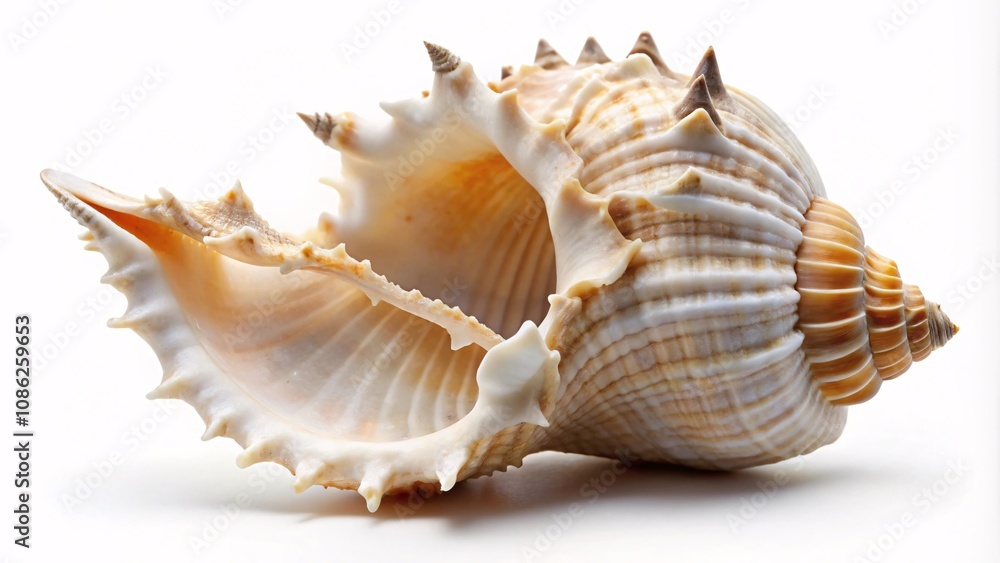 A broken white seashell piece with jagged edges displayed on a white background. A broken white seashell piece with jagged edges displayed on a white background.