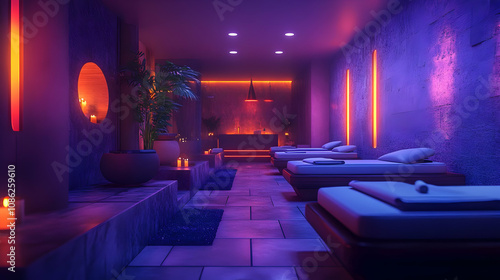 Relaxation Spa Room with Neon Lights - 3D Illustration