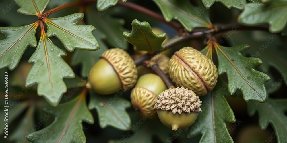 A cluster of green acorns nestled among the delicate oak leaves, leafy branches, fall foliage A cluster of green acorns nestled among the delicate oak leaves, leafy branches, fall foliage