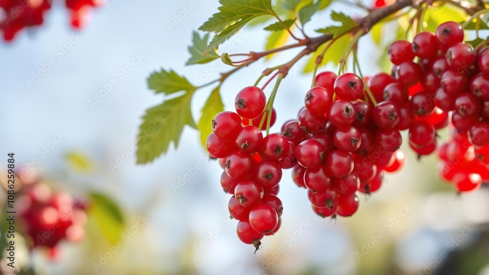 A cluster of red currants hanging from a branch in full color, branches, berry bush A cluster of red currants hanging from a branch in full color, branches, berry bush