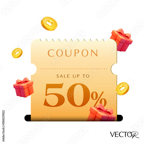 3d golden coupon is being printed from a slot, with percent price off, coupon code, red gift boxes and coins, isolated on white background. Print Gift voucher vector banner template for discount event
