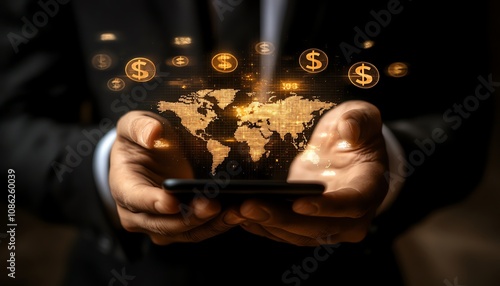 Businessman making an international payment using a smartphone, with floating currency symbols, digital networks, and interbank money transfer systems for global currency exchange photo