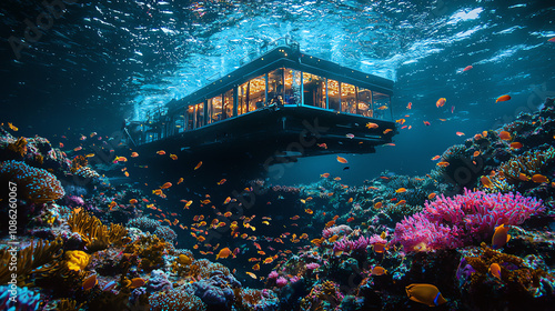 Exploring an underwater research station amidst vibrant coral reefs in the deep ocean during marine studies photo