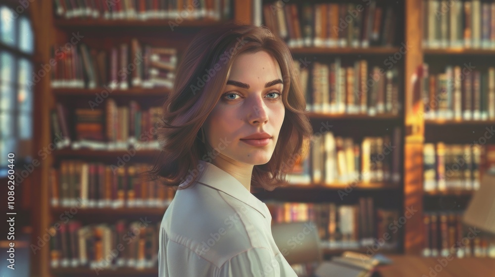 Portrait of educated Woman standing near bookshelf in library ready to study with blurred background Portrait of educated Woman standing near bookshelf in library ready to study with blurred background