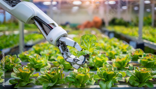Robotic arm harvesting hydroponic vegetables or lettuce in a smart farm