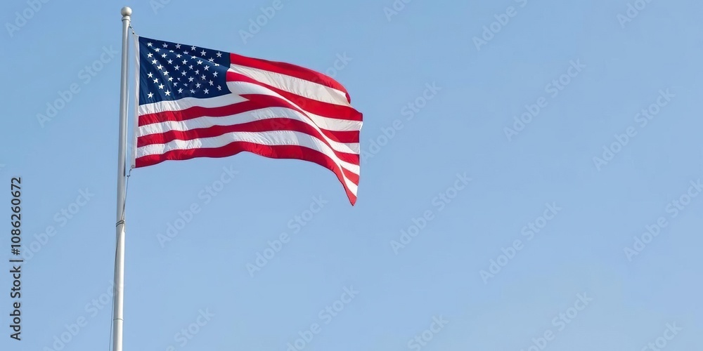 A flagpole with the American flag proudly waving in the wind, patriotism, freedom, national pride A flagpole with the American flag proudly waving in the wind, patriotism, freedom, national pride