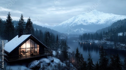 Cozy cabin by a snowy lake with mountains in the background.